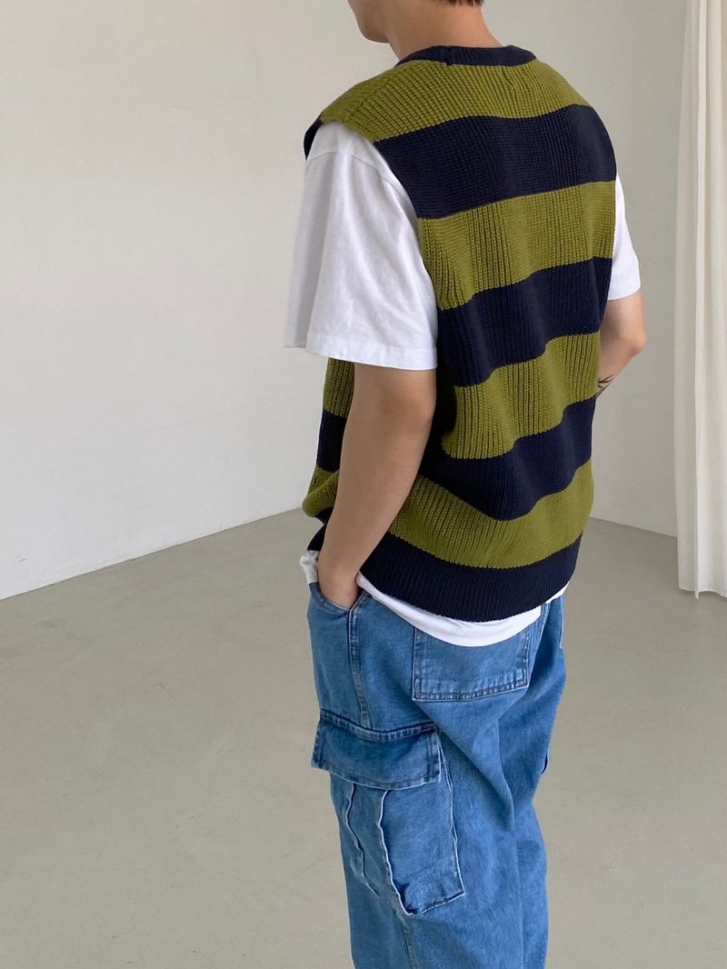 Stripe round neck knit vest 2C