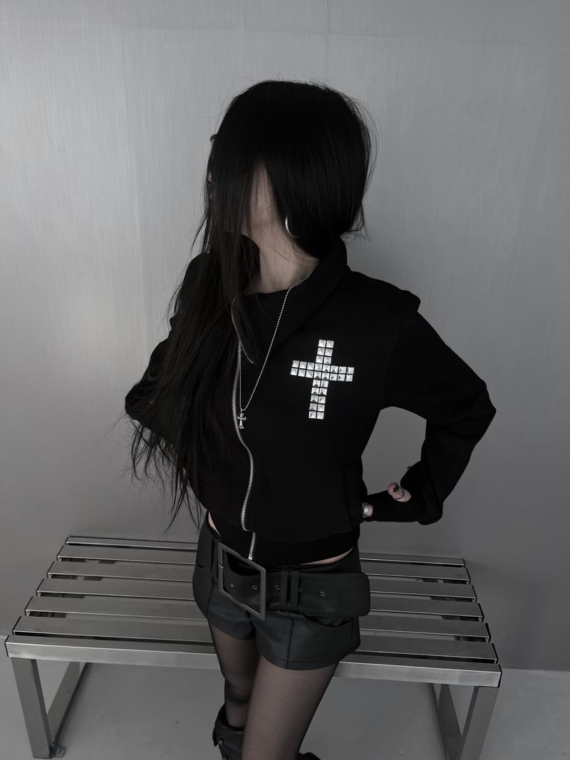cross stud diagonal warmer zip-up (fleece-lined / 2color)