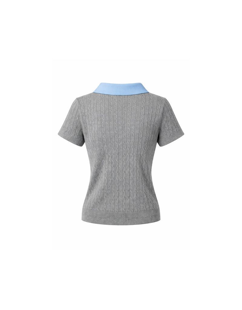 Elodie Pearl Collar Cable Short Sleeve Knit Top Grey