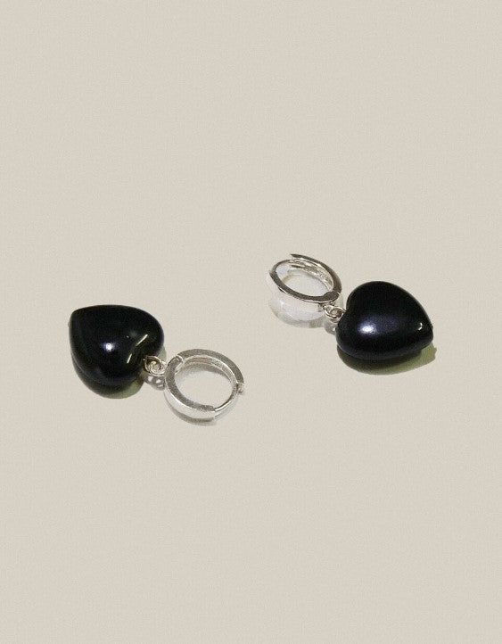 Black Onyx Heart Earrings Silver