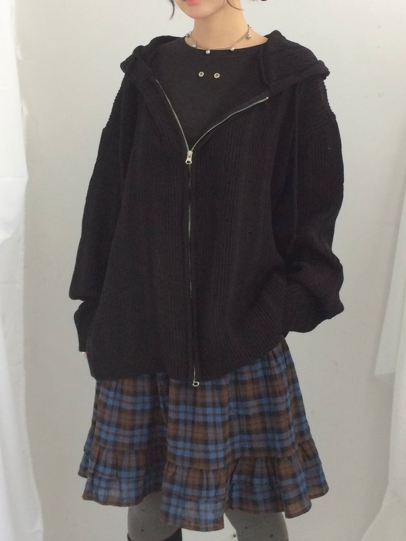 Punch Damage Hooded Knitwear Zip-Up
