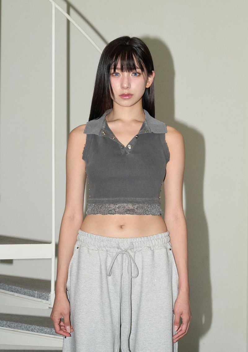 (2nd reorder) stud lace pk top - charcoal
