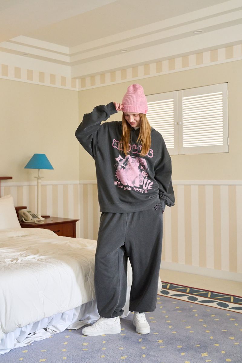 MEOW PRINTING HOOD T CHARCOAL