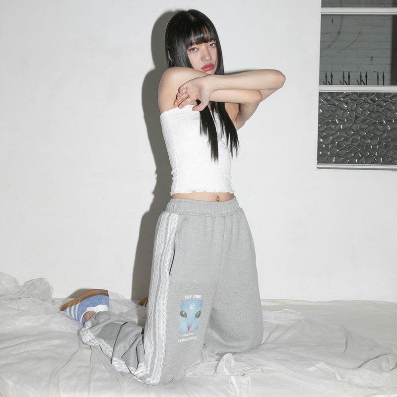  Lace Cat Jogger Pants - GREY