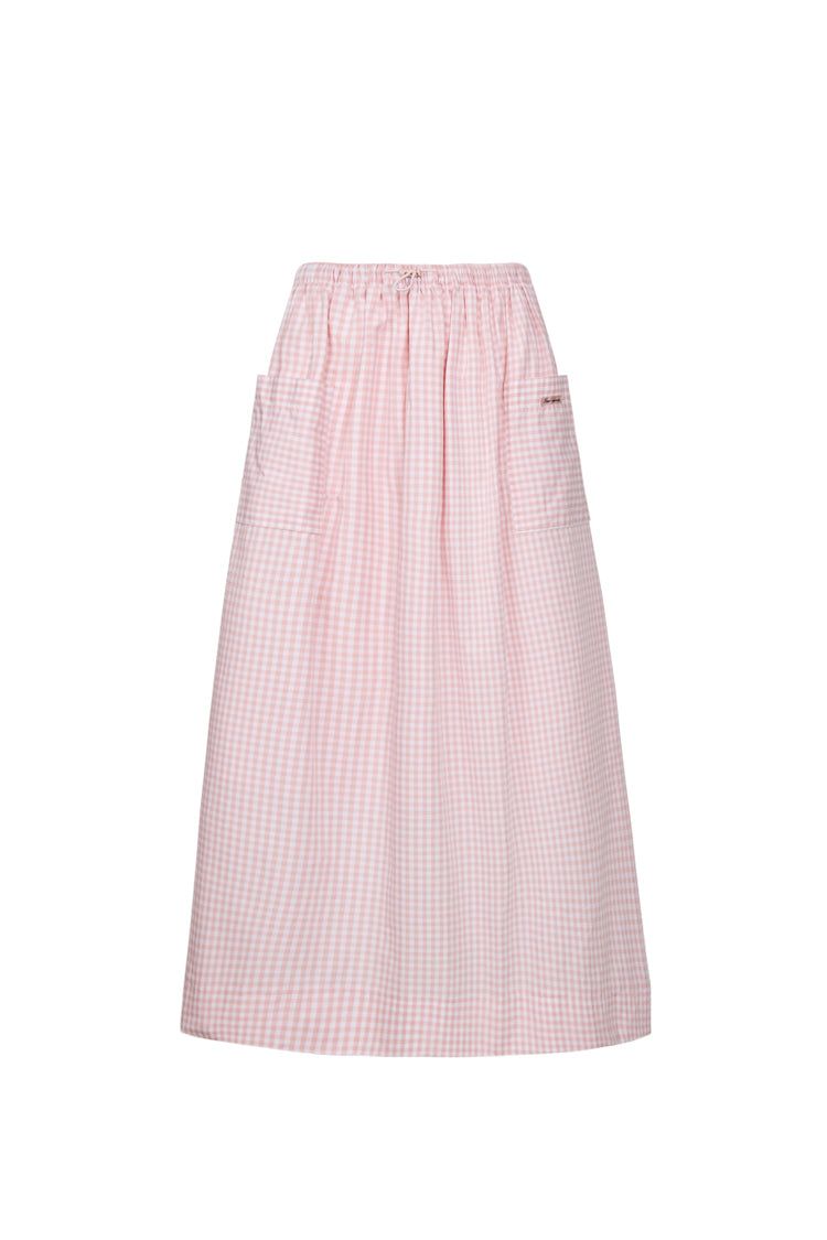 Gingham check pocket shirring Long skirt (PINK)