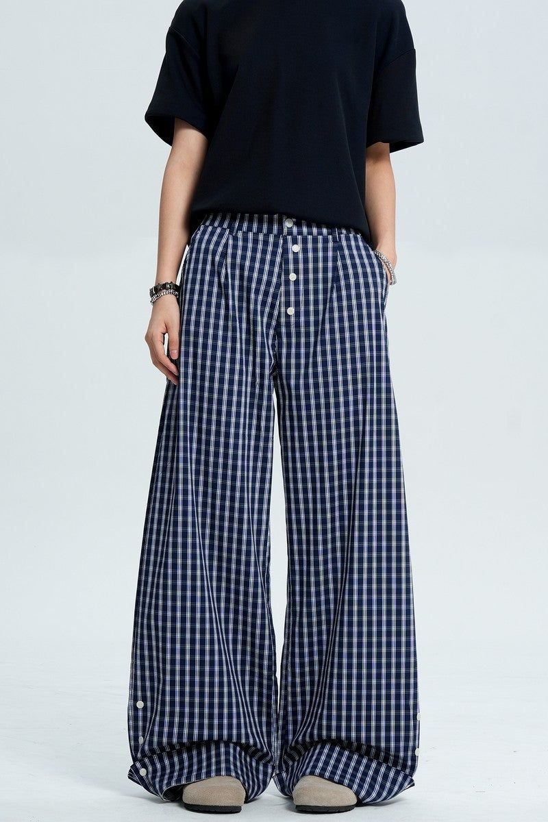 Plaid Button Wide Leg Pants