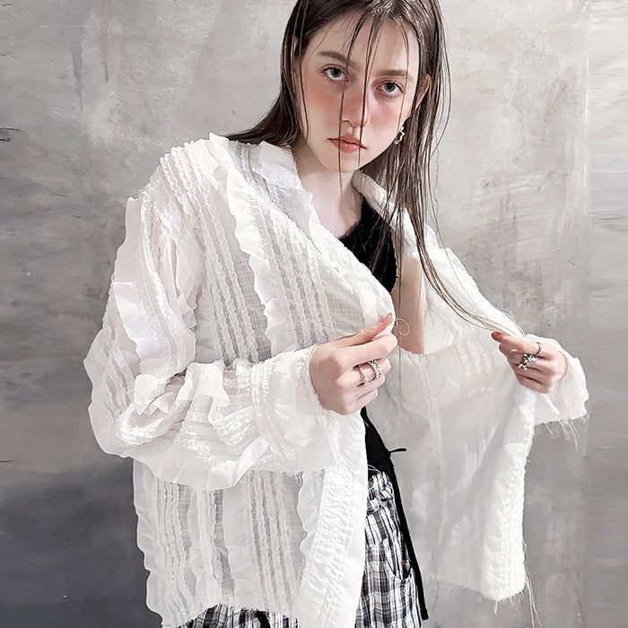 Raw Edge Detail Ruffle Shirt _ White