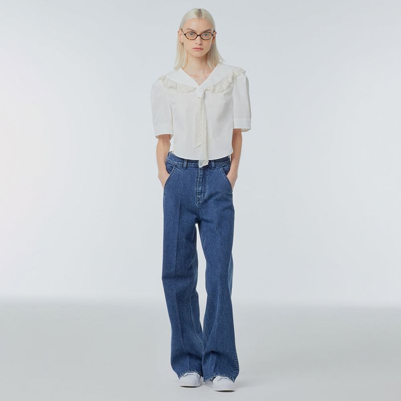 Sailor-collar puff-sleeve blouse