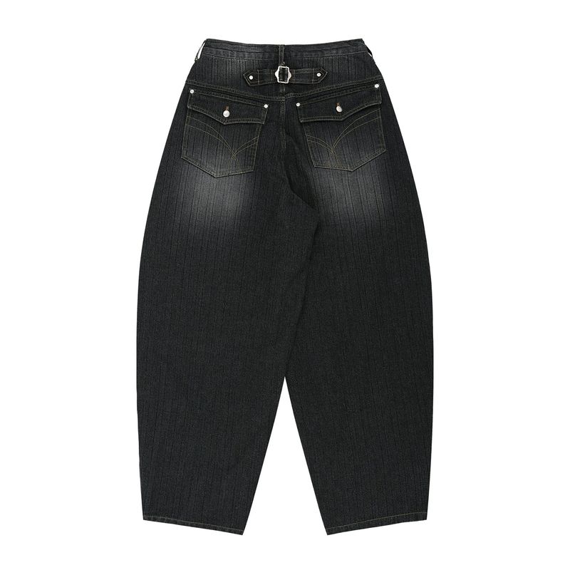 Vertical Wash Wide Denim Pants - Black