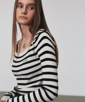STRIPE LOGO SQUARE NECK KNIT_LIGHT BEIGE