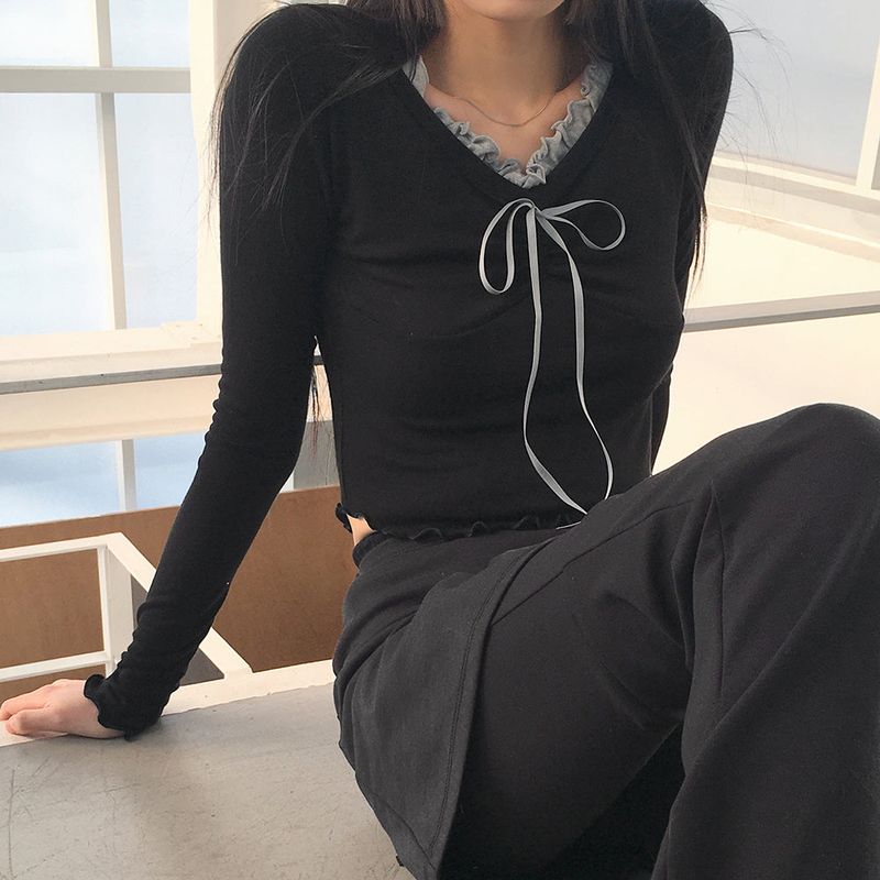 チリングバレエコアシャーリングリボンウェービー長袖Tシャツ