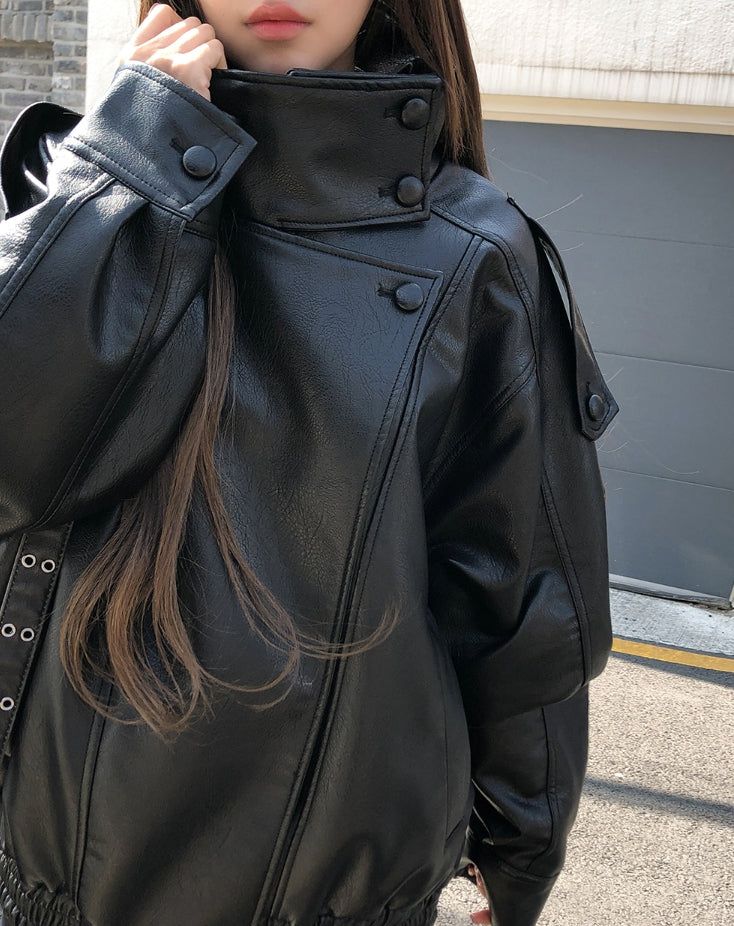 Saint High-Neck Unbalanced Leather Jacket
