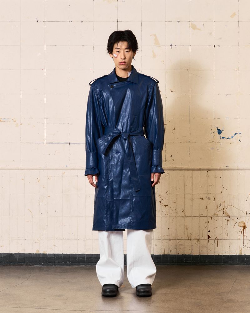 Curved Leather Trench coat (Blue)