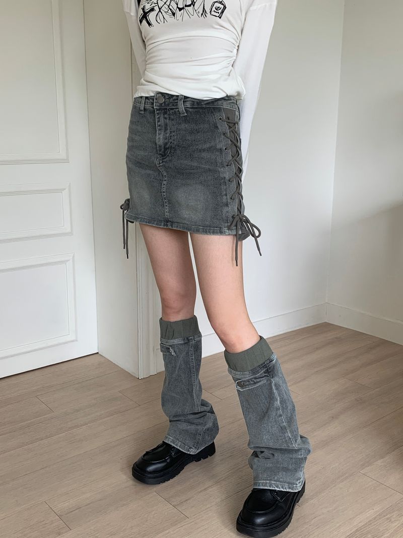 WONDER WONDER（ワンダーワンダー）の「[Leg warmer set] chips strap denim knee socks mini skirt（Skirts）」