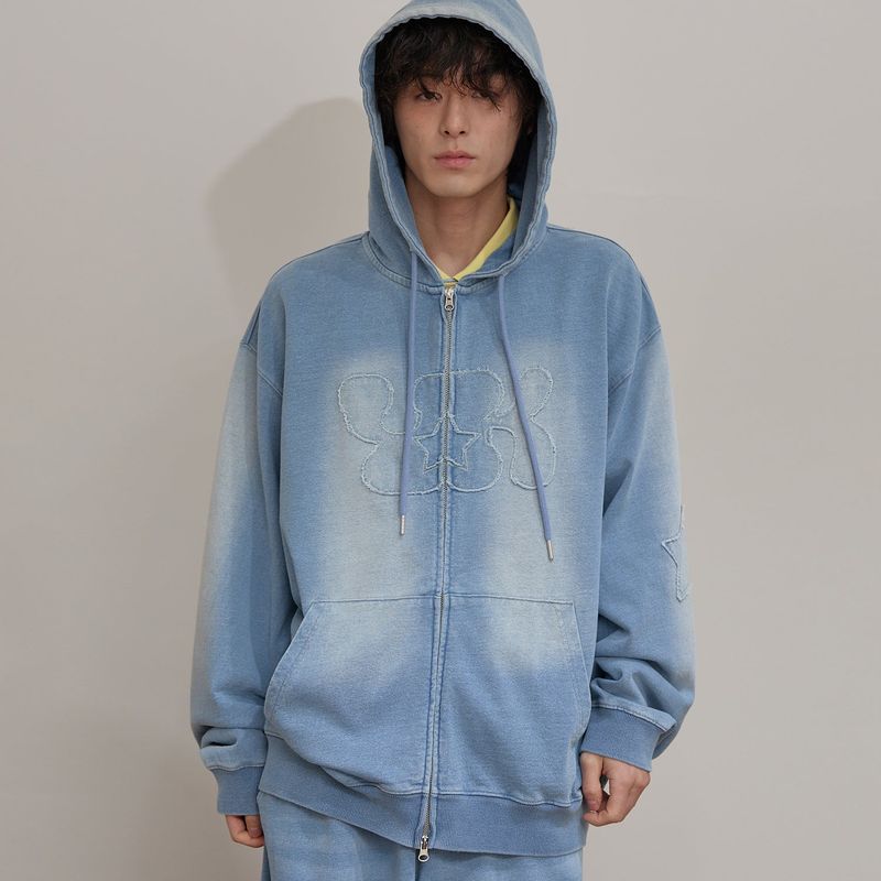 YK Applique Denim Hood Zip Up