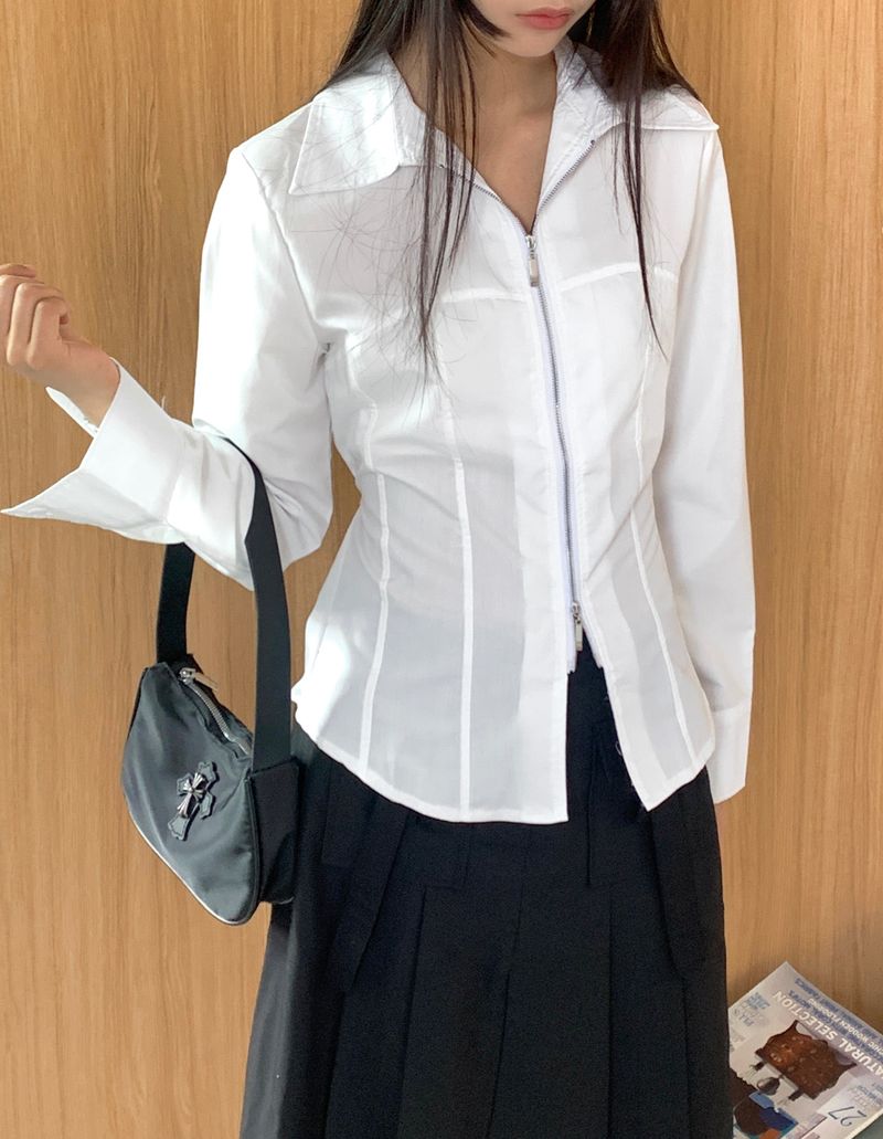 Philty strap cut-out zipper collar zip-up shirt jacket