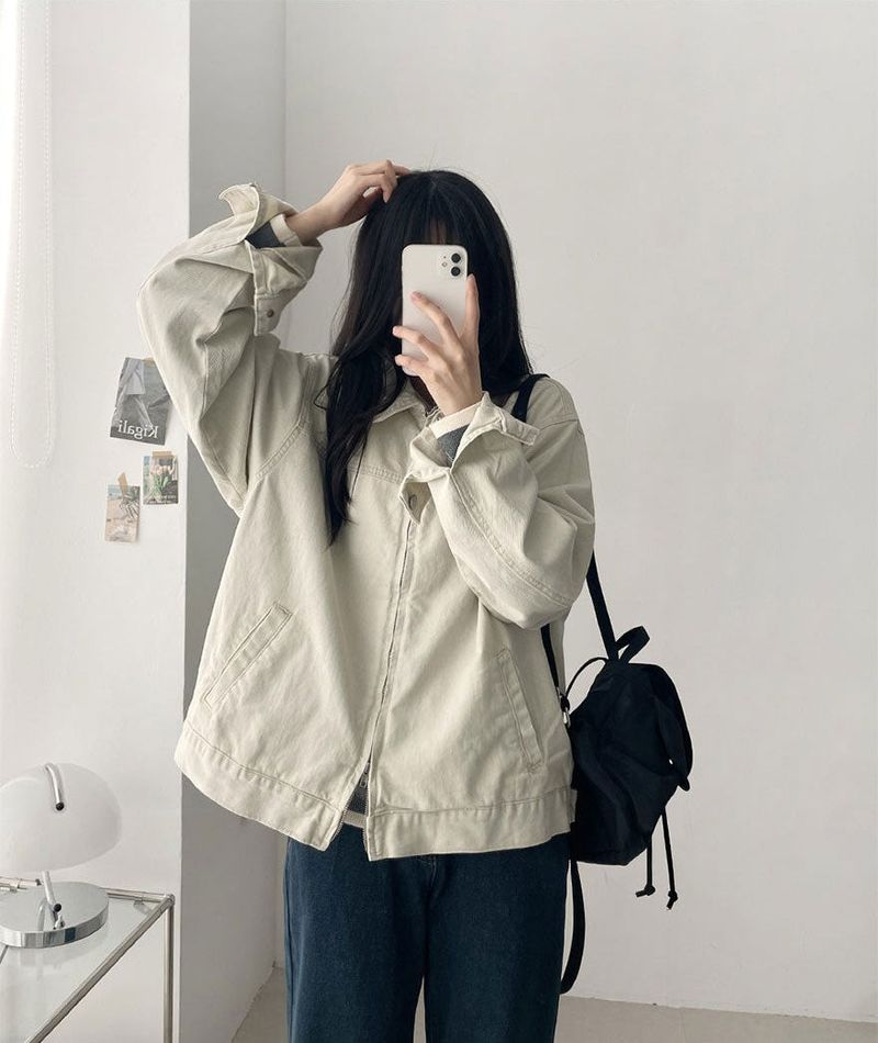 Rentto Basic Collar Zipper Loose Fit Cotton Jacket