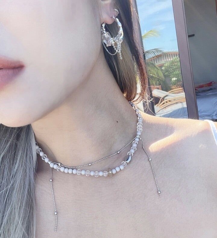 0007 Chain dropped stone silver earrings