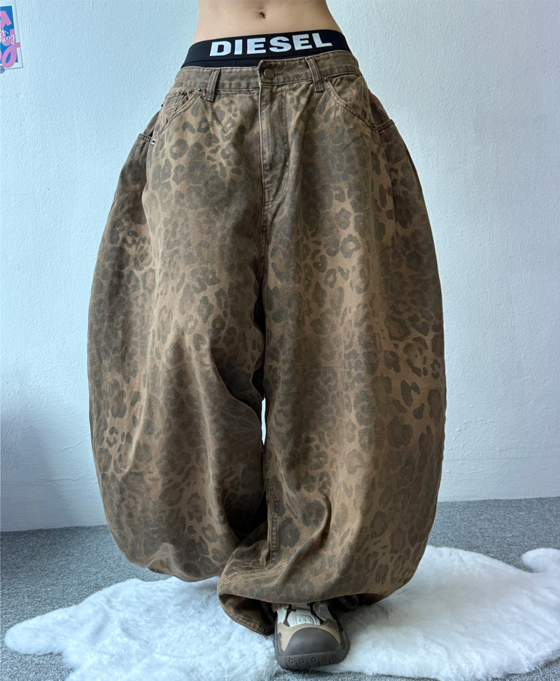 HIDDEN POCKET LEOPARD SPOT BALLOON DENIM🤎💚 - 2 COLORS