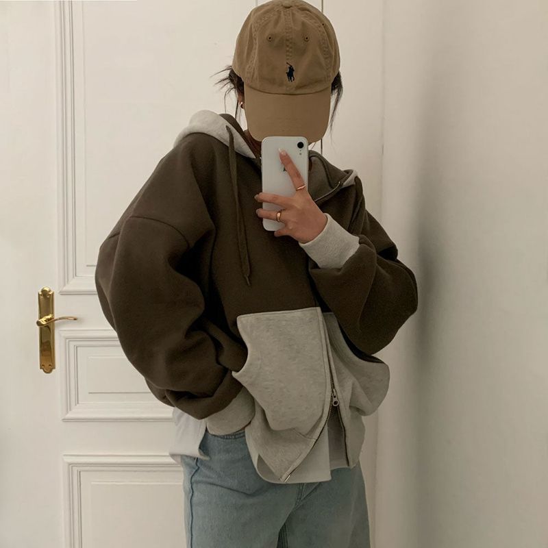 [BELLIDE MADE] two-tone coloring wool boxy hooded zip-up