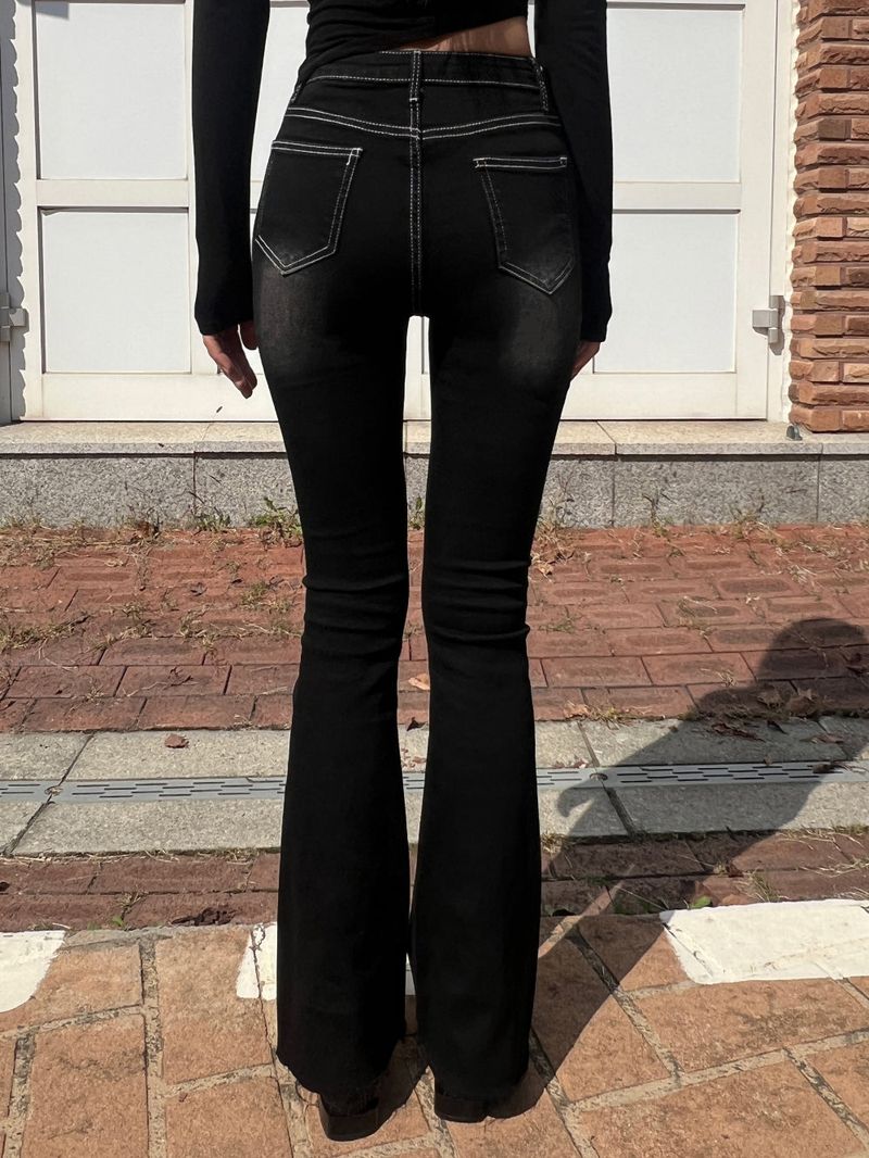 Color combination stitch gradient washed high waist spandex bootcut pants (Black)