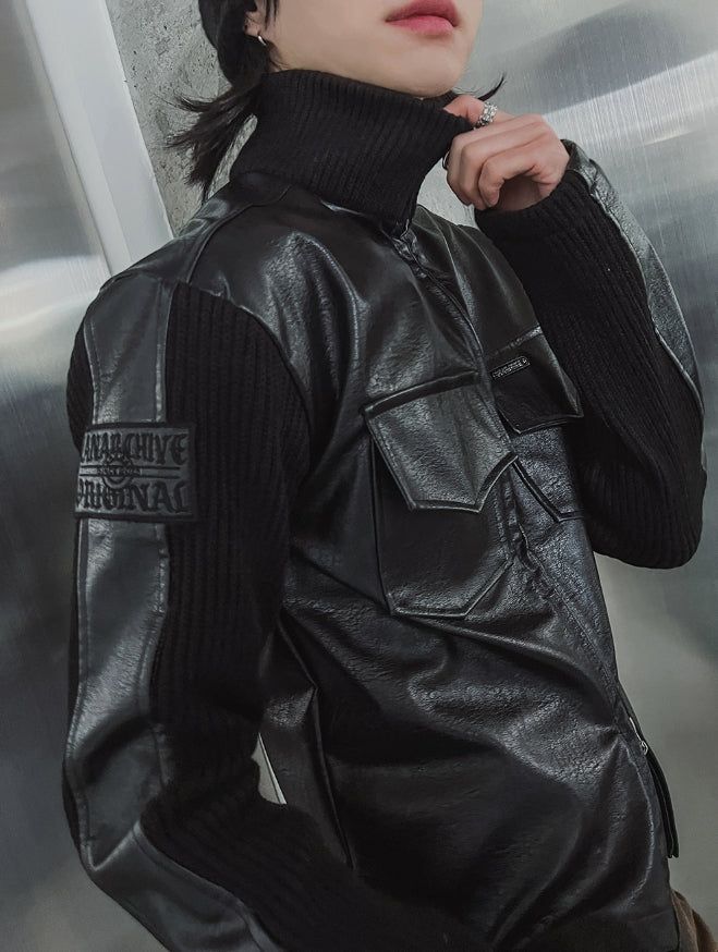 [LANARCH] Amber Leather Pocket Neck Zip-Up