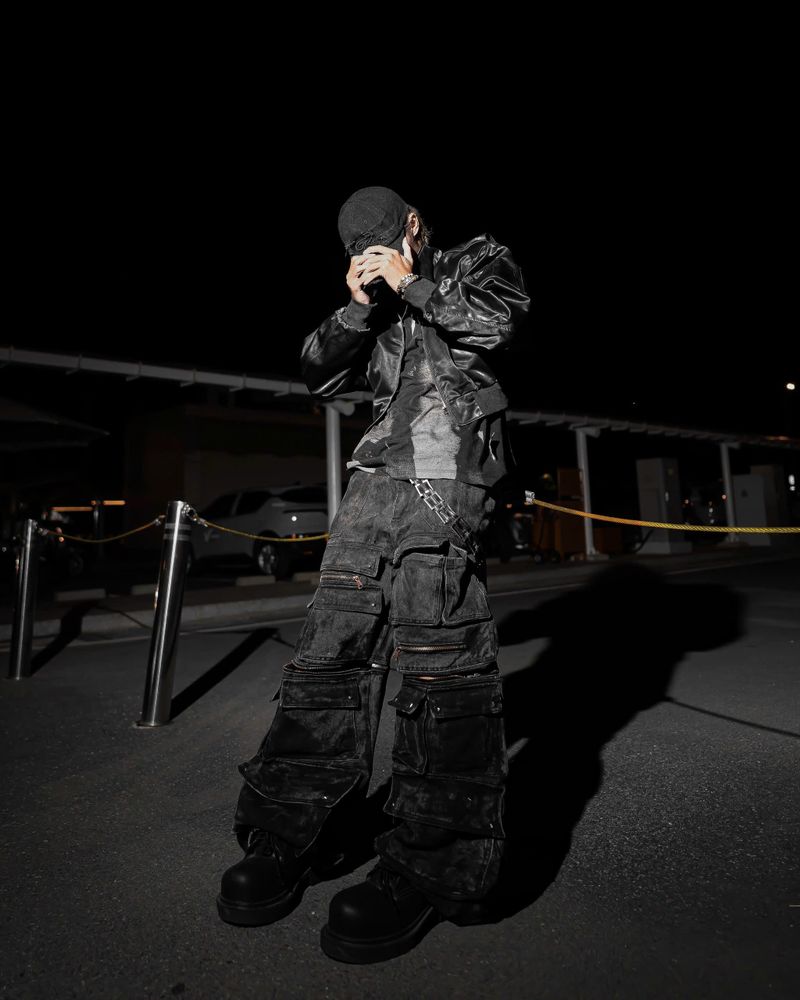 WASH-DENIM CARGO PANTS MULTI POCKET (Black)