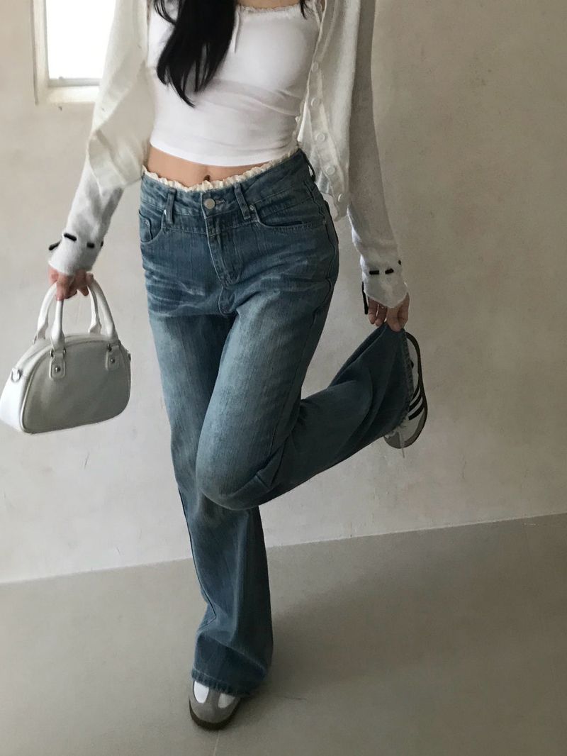 Pomel Lace Trimming Semi Bootcut Pants