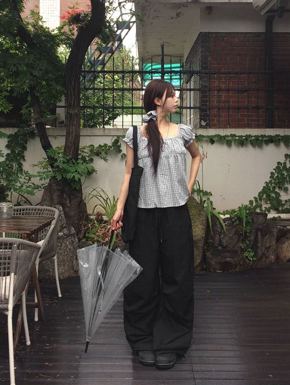 [Scrunch SET ] Unru Puff Shirring Layered Button Blouse