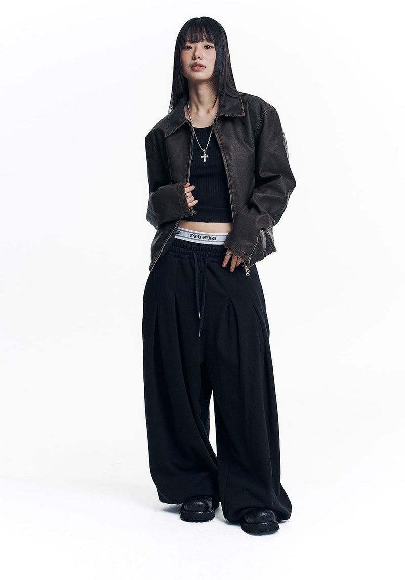 Washed Leather Crop Jacket - Brown