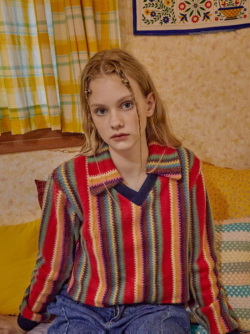 FABERFINGER(フェーバーフィンガー)の「Open Collar Stripe Knit (Red)(Tops)」