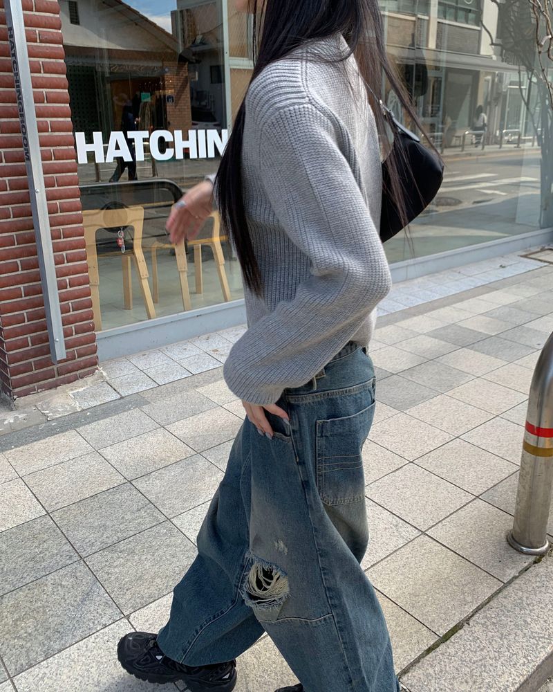 (Unisex) ボタンダメージデニムパンツ