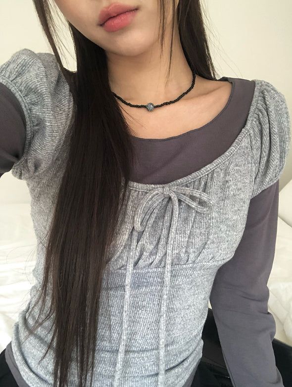 [Fake Layered] Hein Puff Ribbon Short Sleeve Layered T-Shirt Set