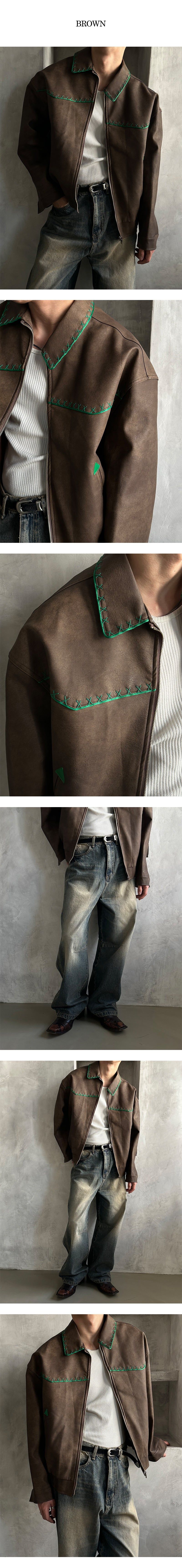  [PREMIUM][HANDMADE] Stitch western leather blouson(2color)