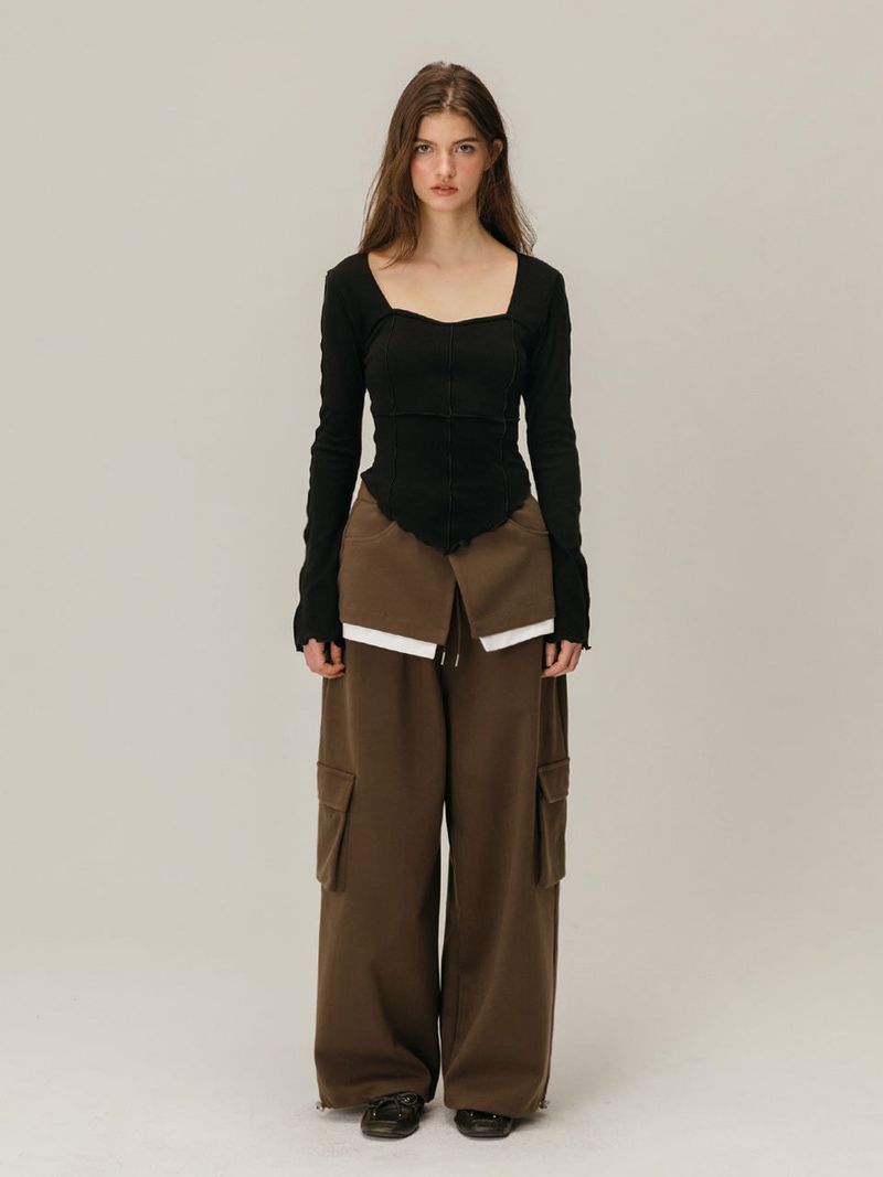 CARGO LAYERED SKIRT PANTS / BROWN