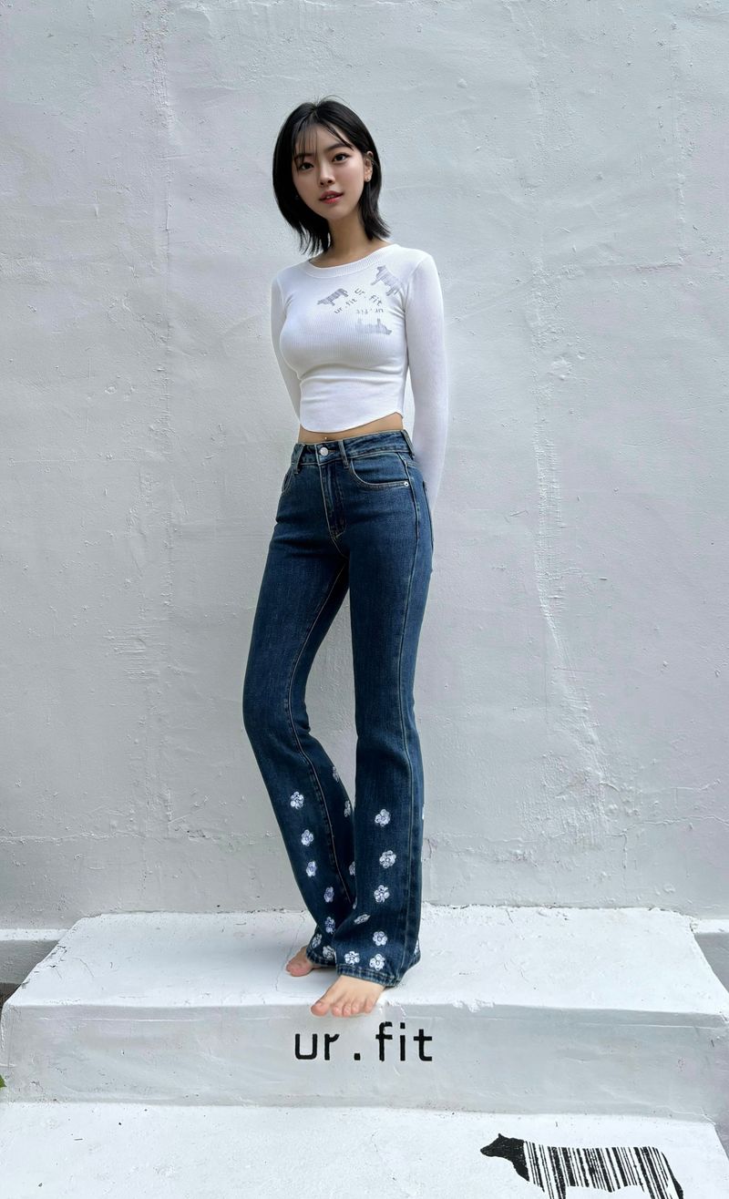 DARK BLUE EMBROIDERED SPANDEX BOOTCUT DENIM PANTS code 18315
