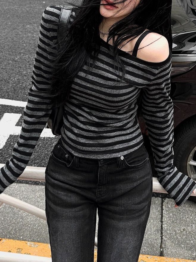 26SS★ [MADE] One-Shoulder Open Stripe Tee