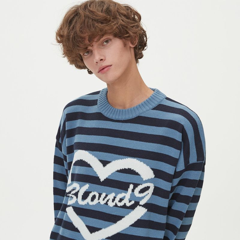 STRIPE HEART ROUND NECK KNIT_BLUE