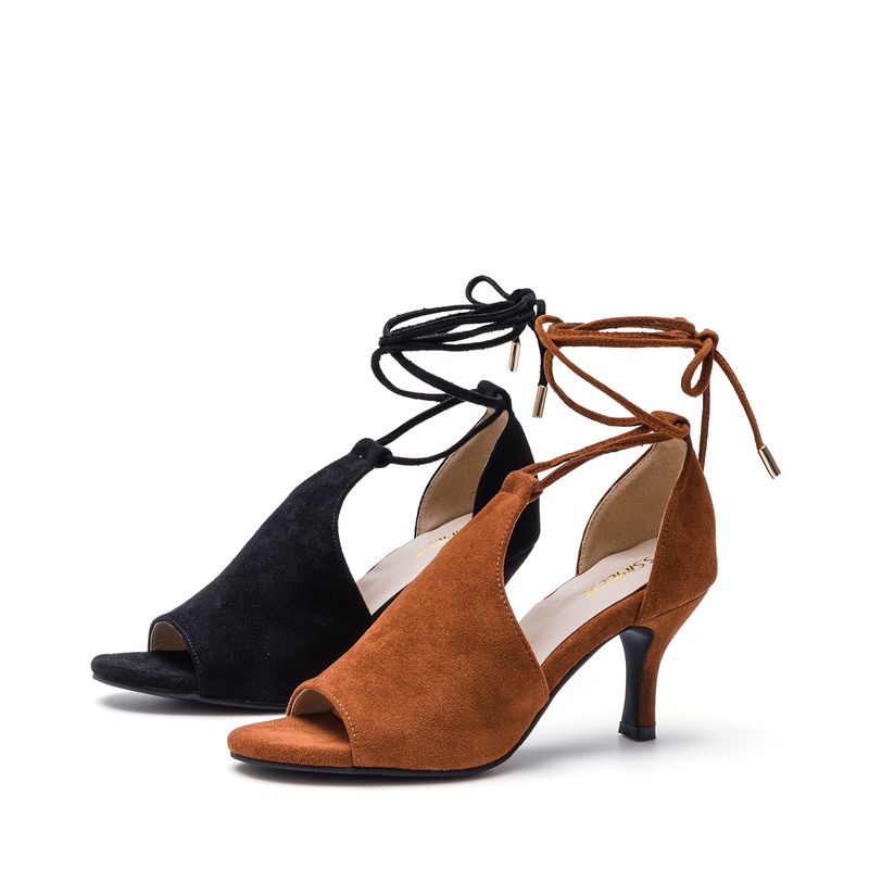 Lace-up Middle Sandal Heel(Black)