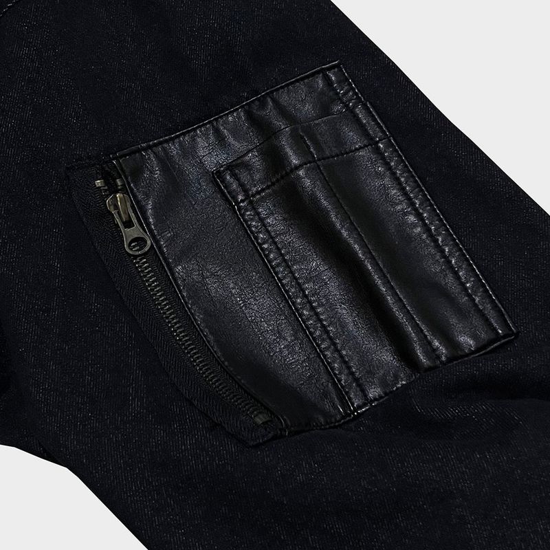 faux leather mix denim shirt_black