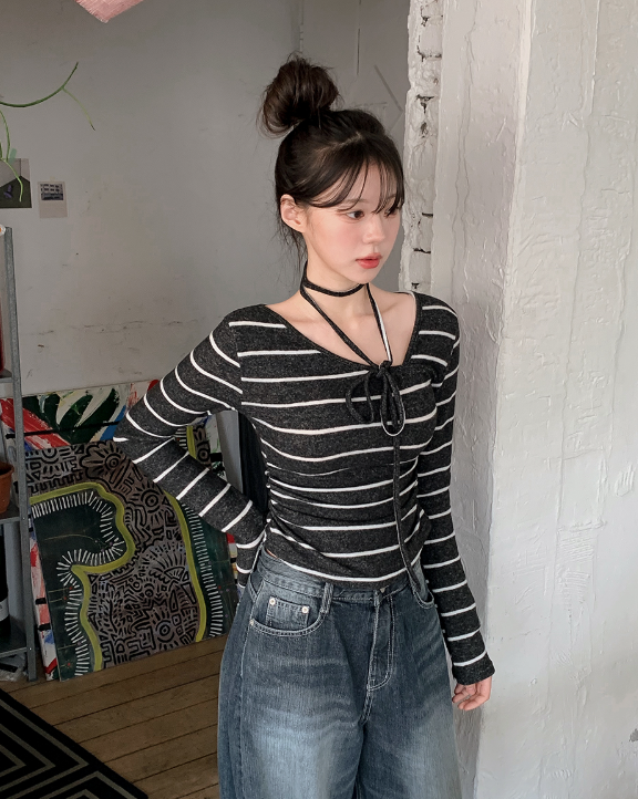 #Border Tie Point Slim Long Sleeve T-shirt (2color)