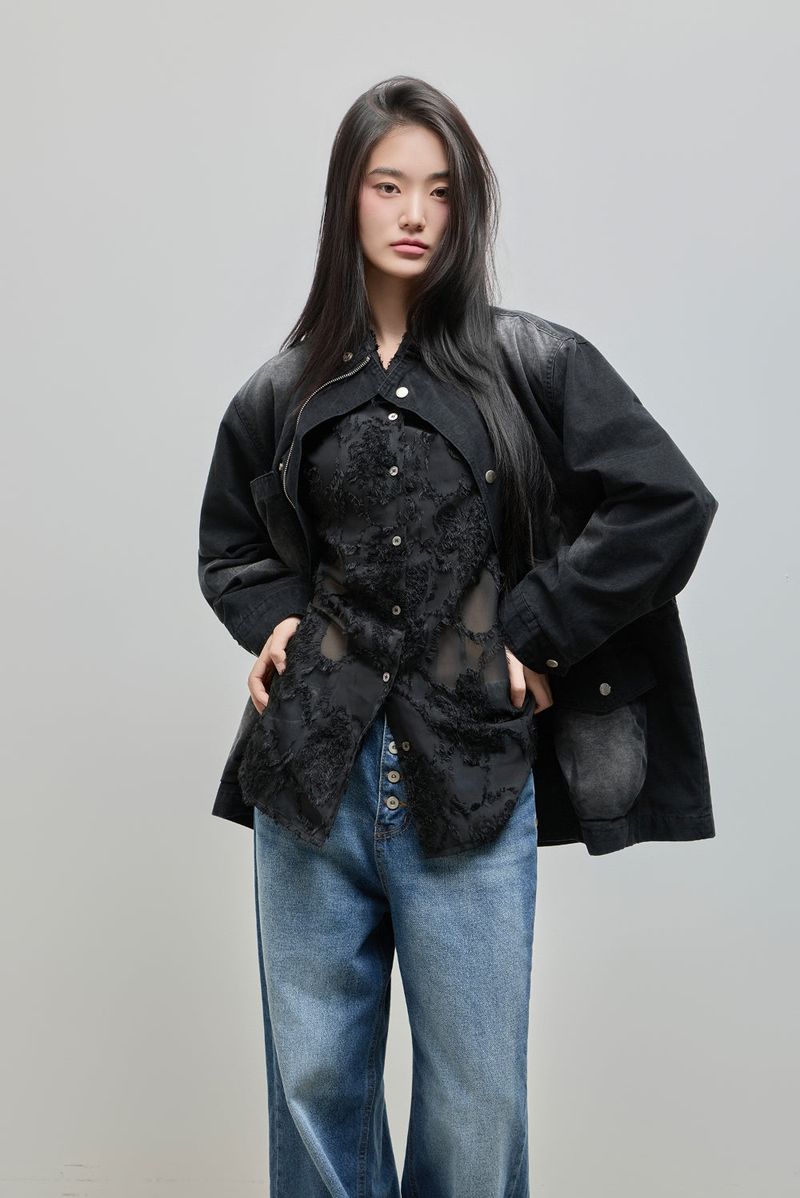 Washed High-Neck Field Jacket_Black
