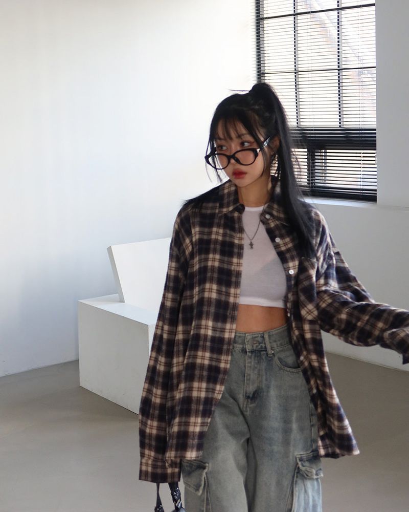 a navy checkered shirt