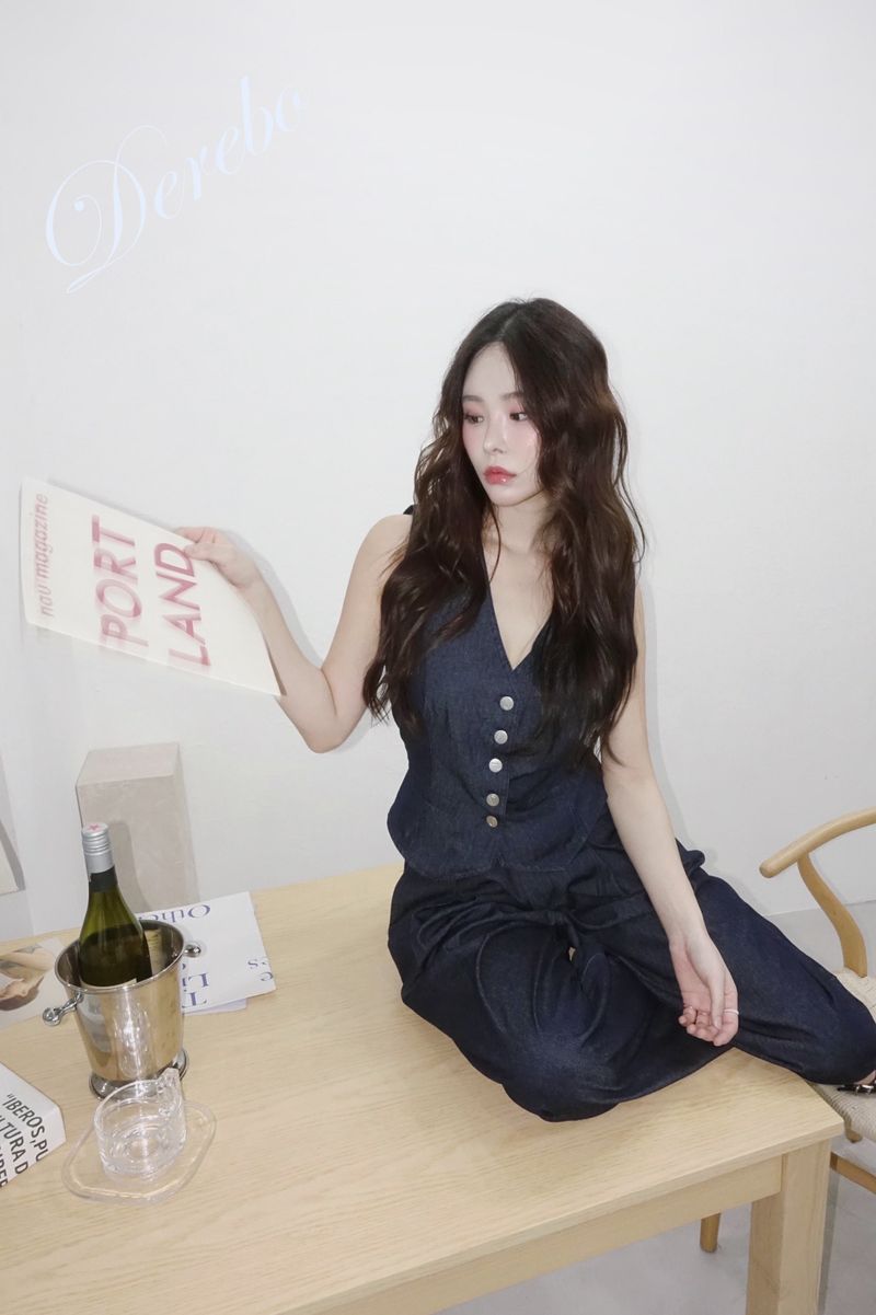 Dark blue denim vest pants two-piece