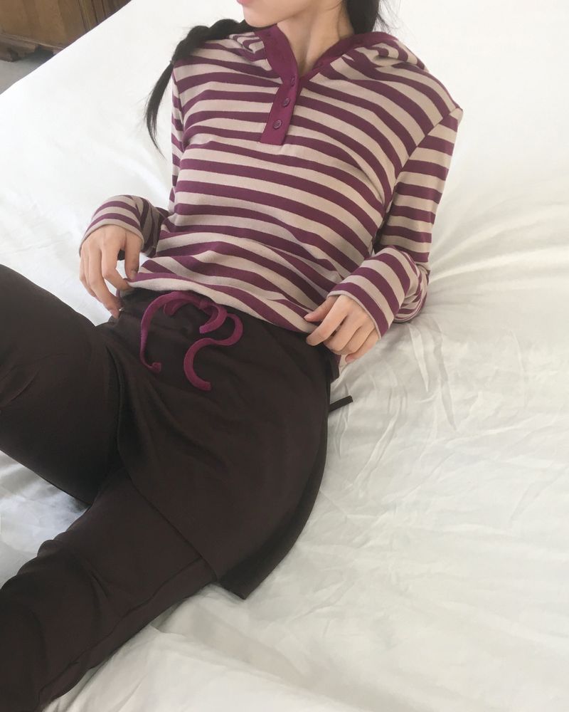 テズ ストライプ ハーフボタン ストリング フード Tシャツ