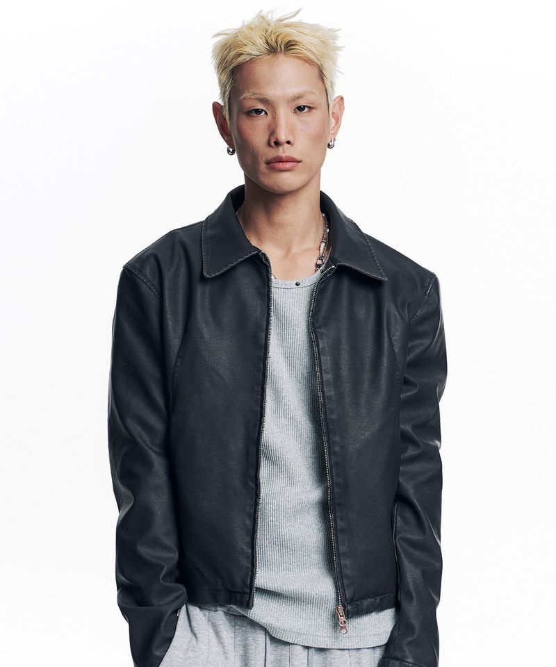 Washed Leather Crop Jacket - Black