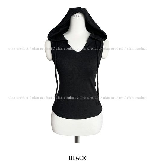 Hairy V-neck hood sleeveless