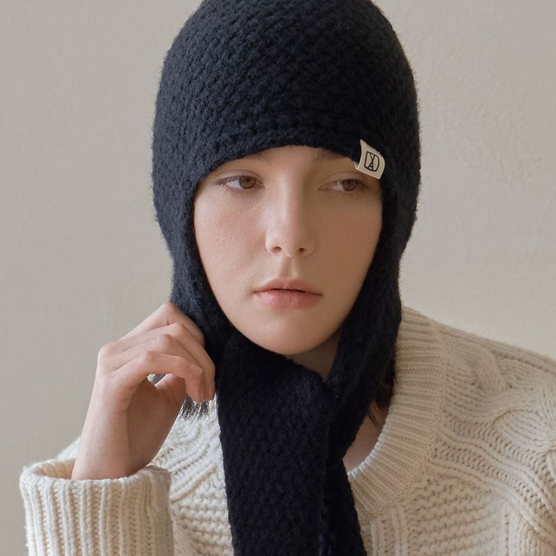 VA Square Label Knit muffler beanie / Black
