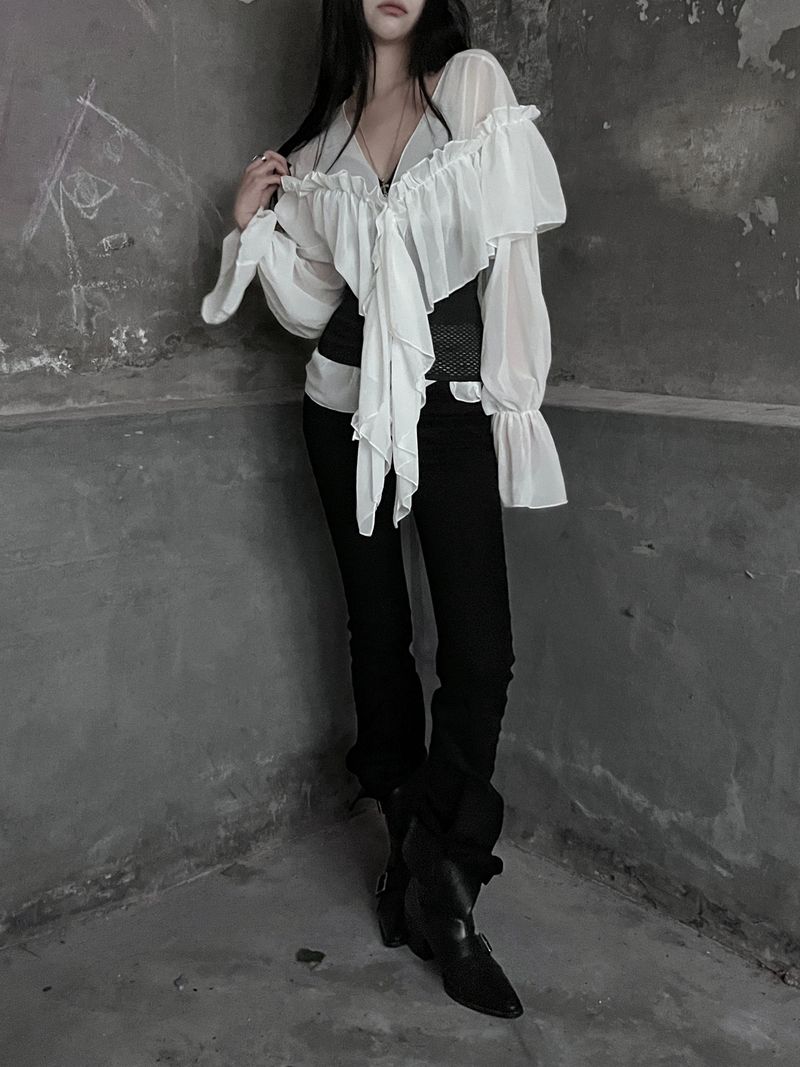 chiffon ruffle v-neck sheer blouse (2color)