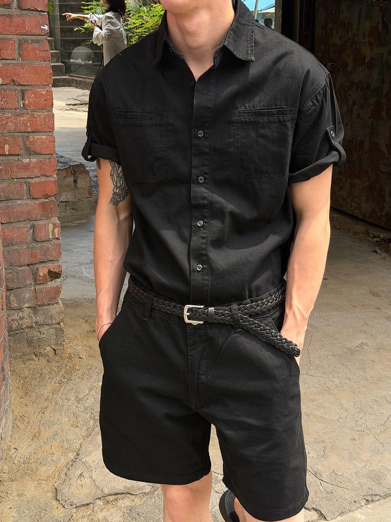 [SET UP가능] Roll up denim half shirts(2color)